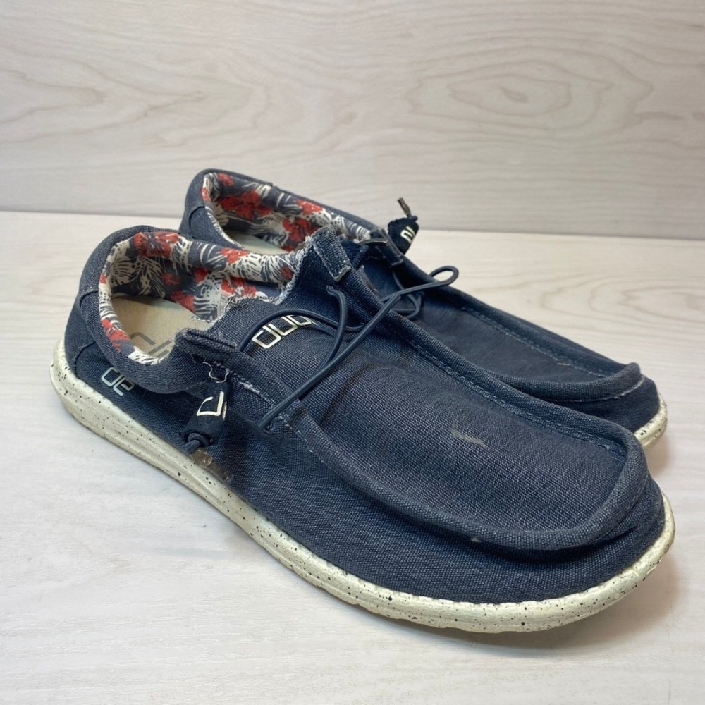 Hey Dude Mens 9 Wally Stretch Loafers Blue Canvas Tropical Floral Slip On Shoes